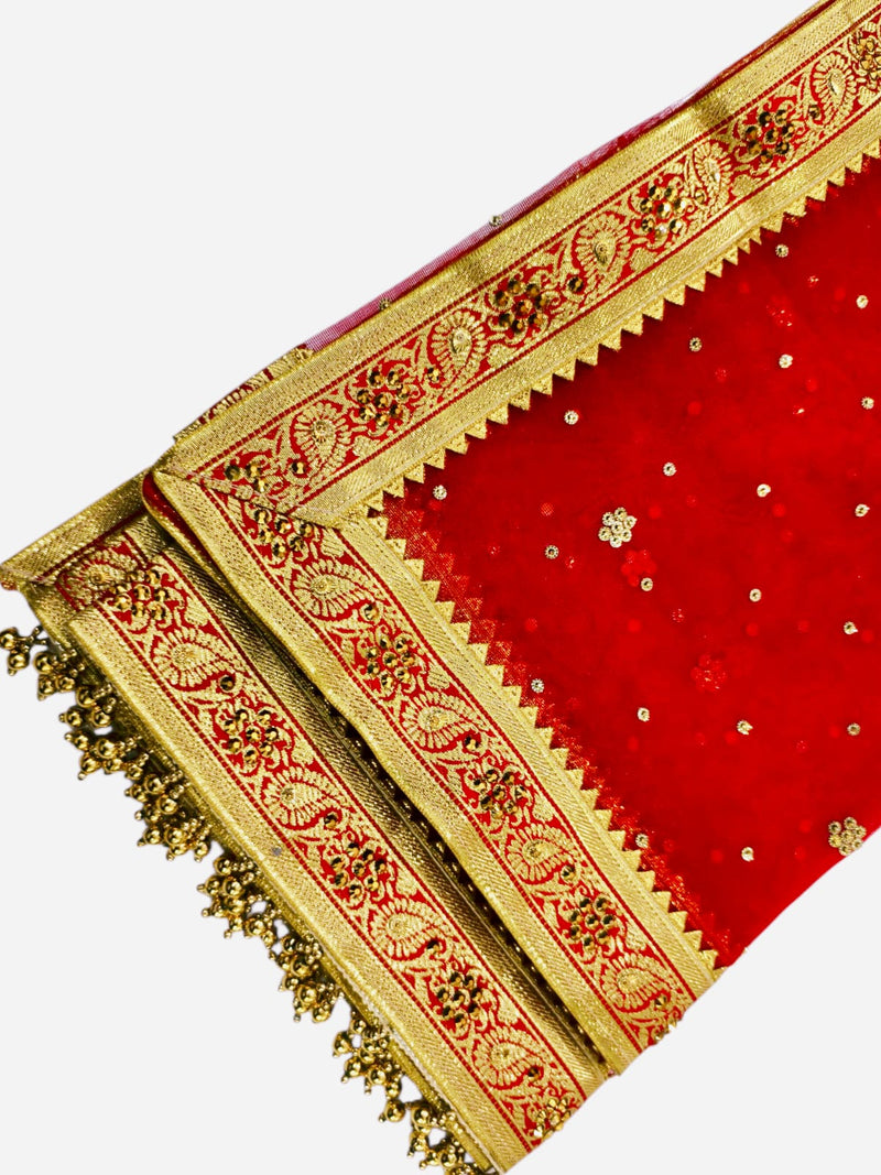 Red Bridal Net Dupatta with Heavy Golden Zari Border & Sequin Buti Work
