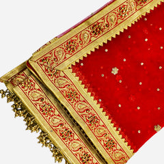 Red Bridal Net Dupatta with Heavy Golden Zari Border & Sequin Buti Work