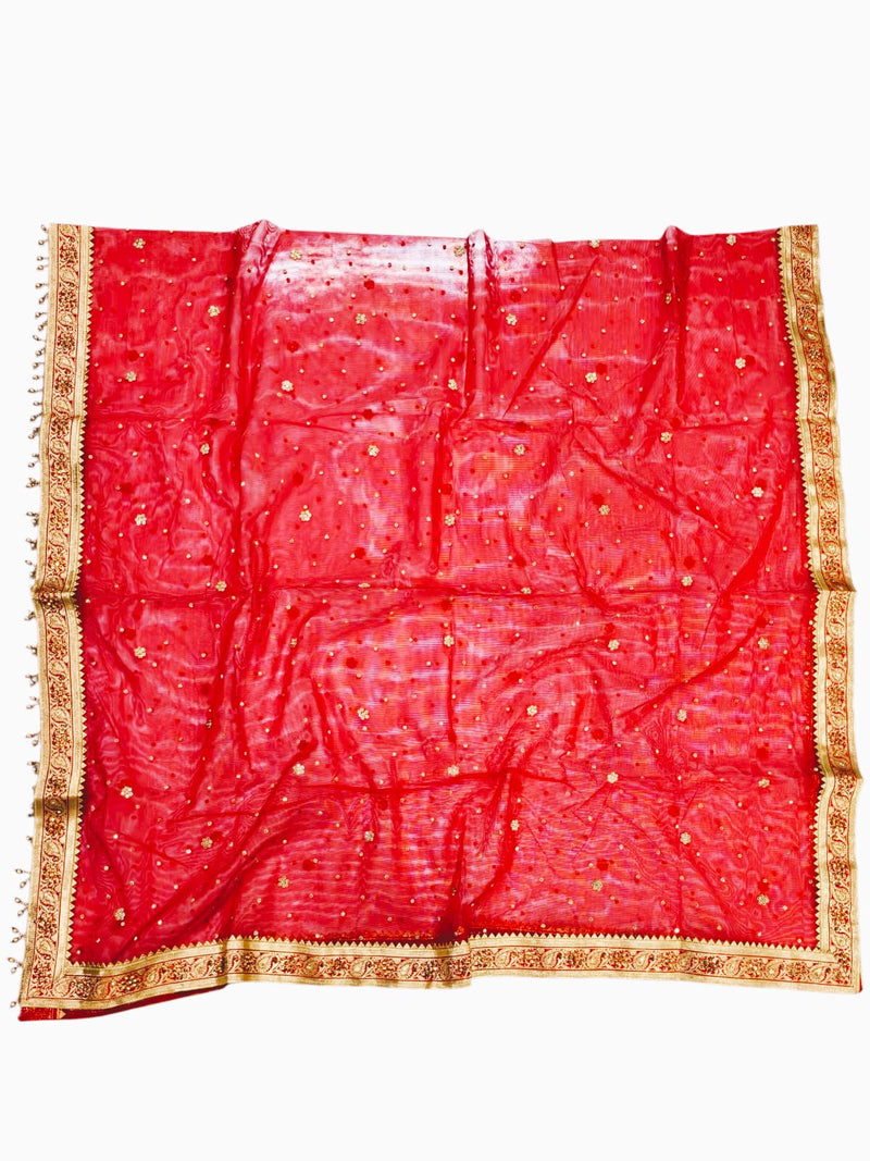 Red Bridal Net Dupatta with Heavy Golden Zari Border & Sequin Buti Work