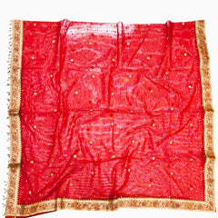 Red Bridal Net Dupatta with Heavy Golden Zari Border & Sequin Buti Work