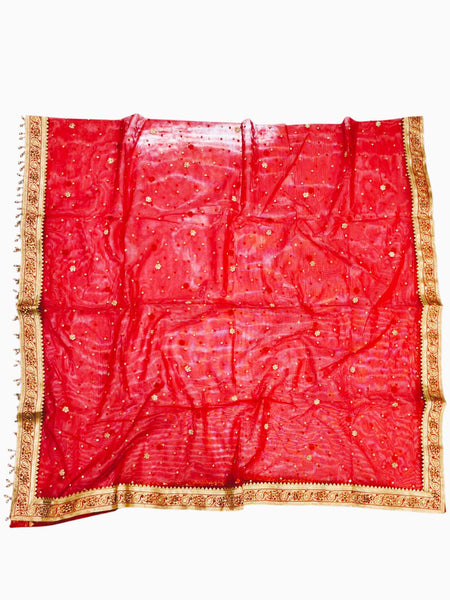Red Bridal Net Dupatta with Heavy Golden Zari Border & Sequin Buti Work