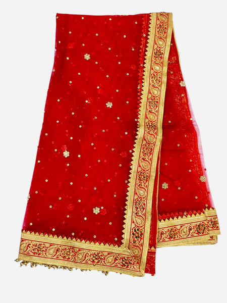 Red Bridal Net Dupatta with Heavy Golden Zari Border & Sequin Buti Work