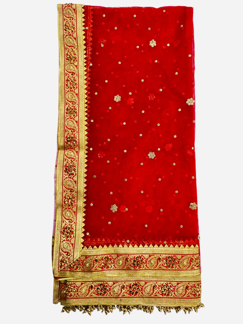 Red Bridal Net Dupatta with Heavy Golden Zari Border & Sequin Buti Work