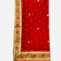Red Bridal Net Dupatta with Heavy Golden Zari Border & Sequin Buti Work