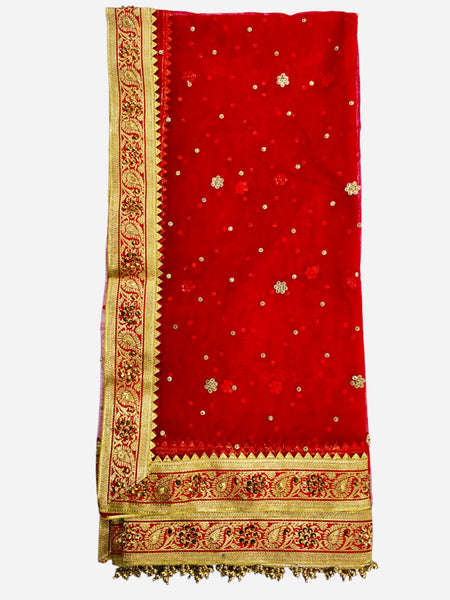 Red Bridal Net Dupatta with Heavy Golden Zari Border & Sequin Buti Work