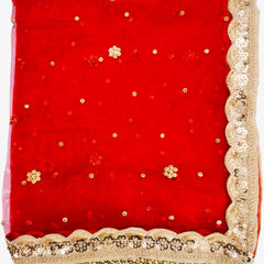 Red Bridal Net Dupatta with Golden Embroidery & Heavy Lace Border | Party & Wedding Wear