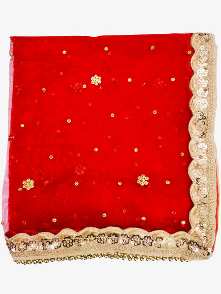 Red Bridal Net Dupatta with Golden Embroidery & Heavy Lace Border | Party & Wedding Wear