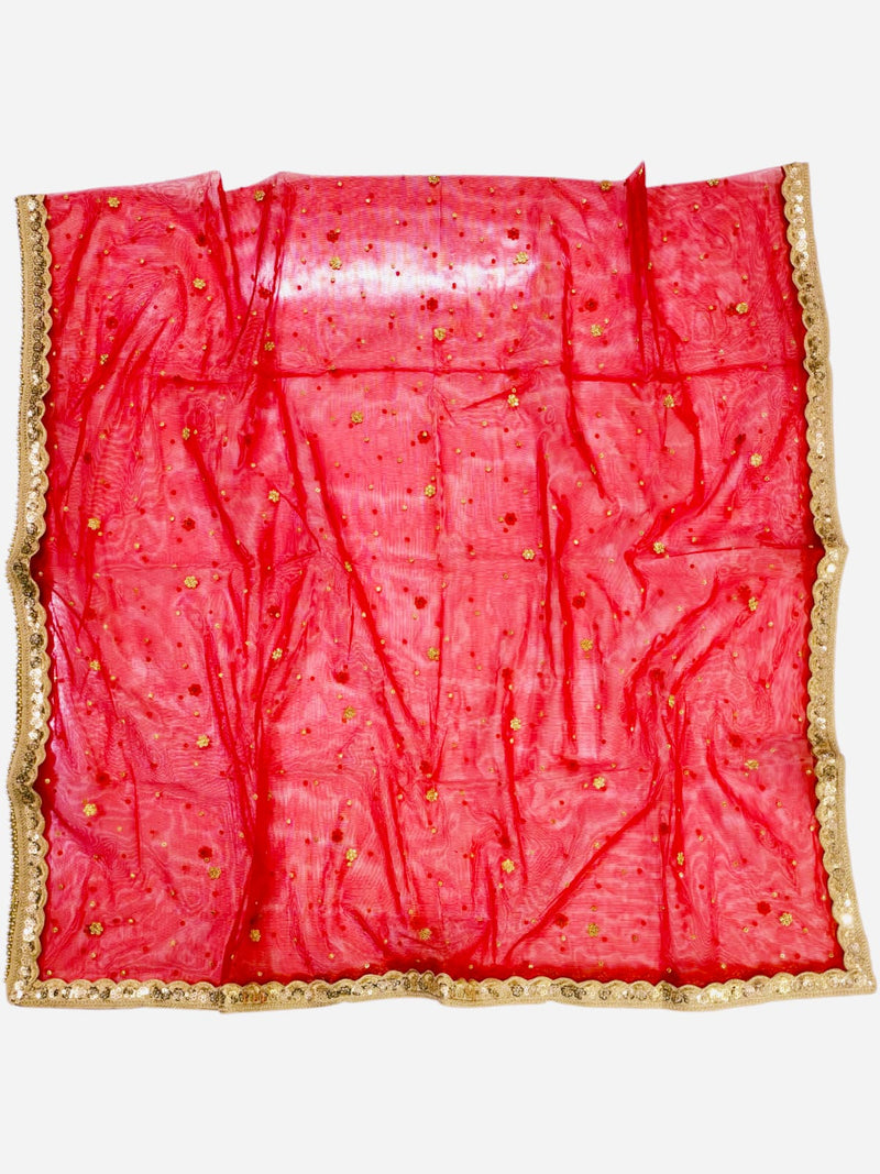Red Bridal Net Dupatta with Golden Embroidery & Heavy Lace Border | Party & Wedding Wear