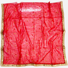 Red Bridal Net Dupatta with Golden Embroidery & Heavy Lace Border | Party & Wedding Wear