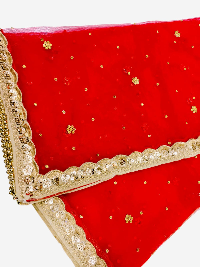 Red Bridal Net Dupatta with Golden Embroidery & Heavy Lace Border | Party & Wedding Wear