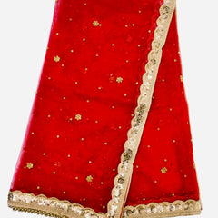 Red Bridal Net Dupatta with Golden Embroidery & Heavy Lace Border | Party & Wedding Wear