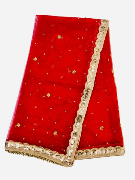 Red Bridal Net Dupatta with Golden Embroidery & Heavy Lace Border | Party & Wedding Wear