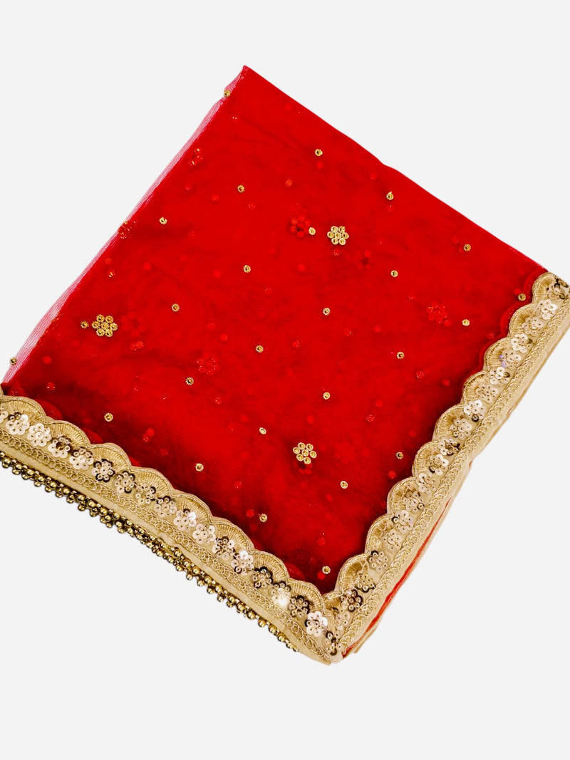 Red Bridal Net Dupatta with Golden Embroidery & Heavy Lace Border | Party & Wedding Wear