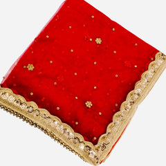 Red Bridal Net Dupatta with Golden Embroidery & Heavy Lace Border | Party & Wedding Wear