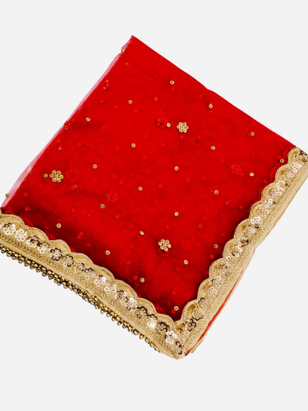 Red Bridal Net Dupatta with Golden Embroidery & Heavy Lace Border | Party & Wedding Wear