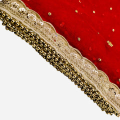 Red Bridal Net Dupatta with Golden Embroidery & Heavy Lace Border | Party & Wedding Wear