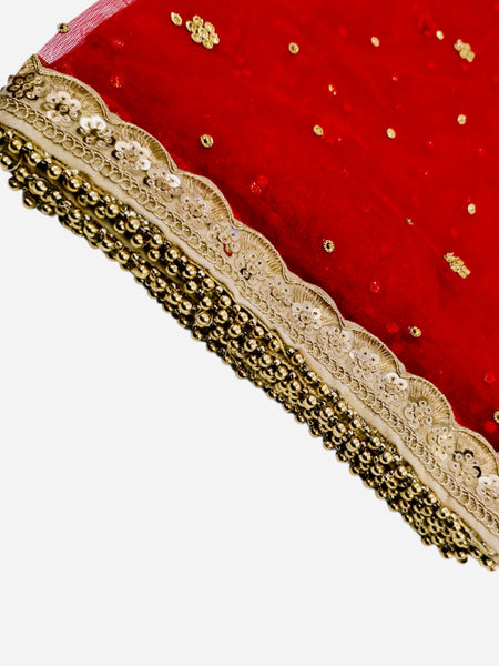 Red Bridal Net Dupatta with Golden Embroidery & Heavy Lace Border | Party & Wedding Wear
