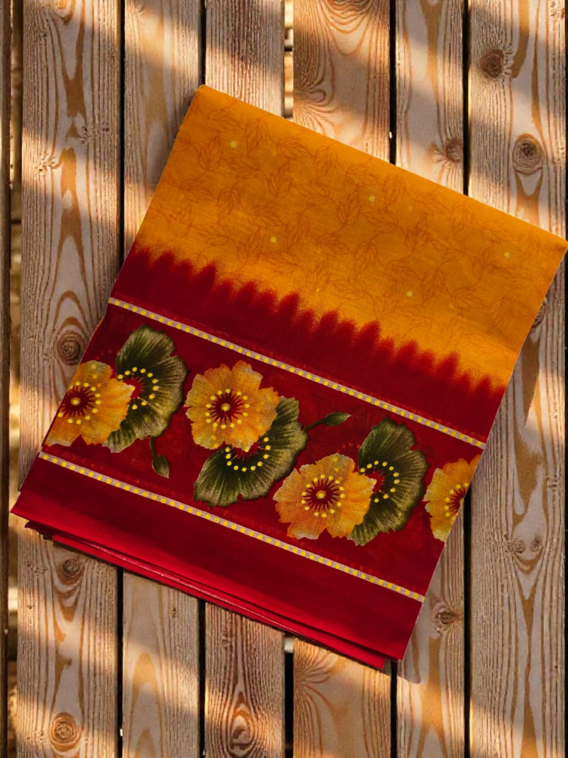 Mustard Yellow Cotton Printed Dupatta with Red Floral Border for Women