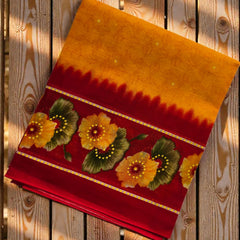 Mustard Yellow Cotton Printed Dupatta with Red Floral Border for Women