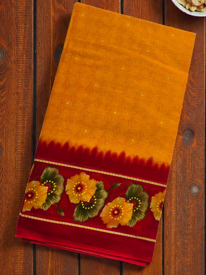 Mustard Yellow Cotton Printed Dupatta with Red Floral Border for Women