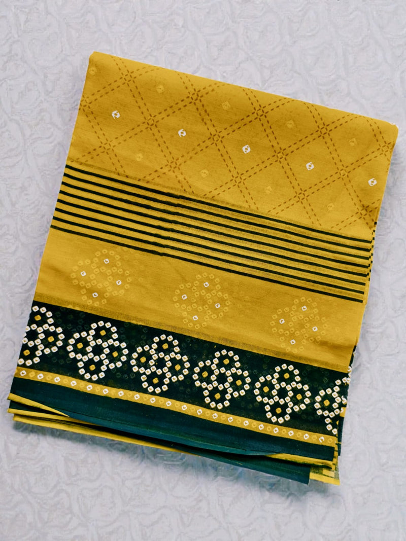 Mustard Yellow Cotton Printed Dupatta with Green Border