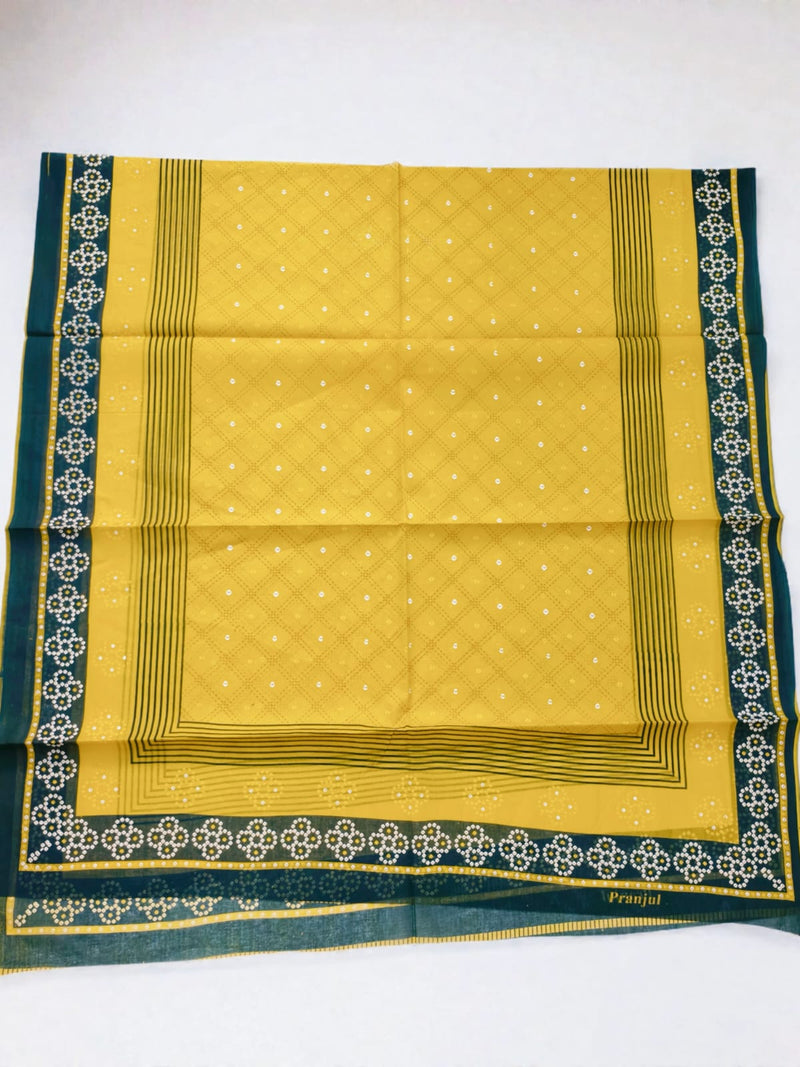 Mustard Yellow Cotton Printed Dupatta with Green Border