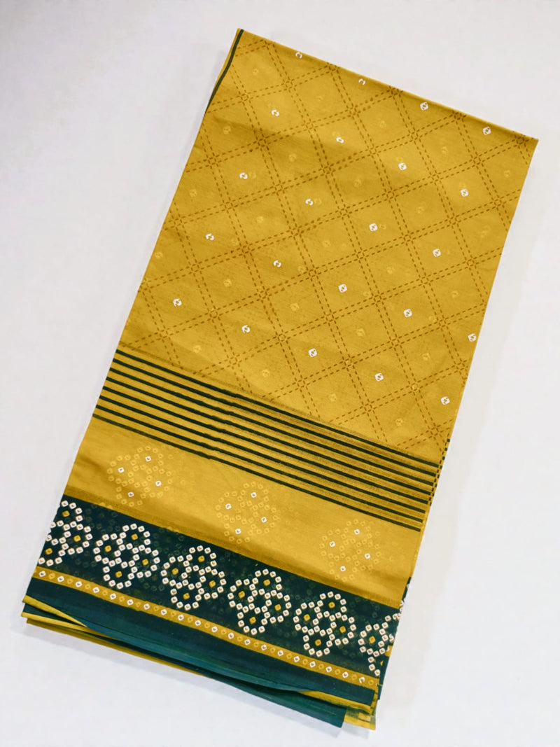Mustard Yellow Cotton Printed Dupatta with Green Border
