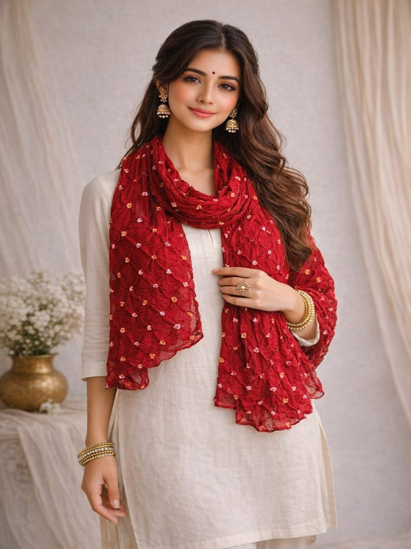 Red Bandhani Style Cotton Dupatta for Women