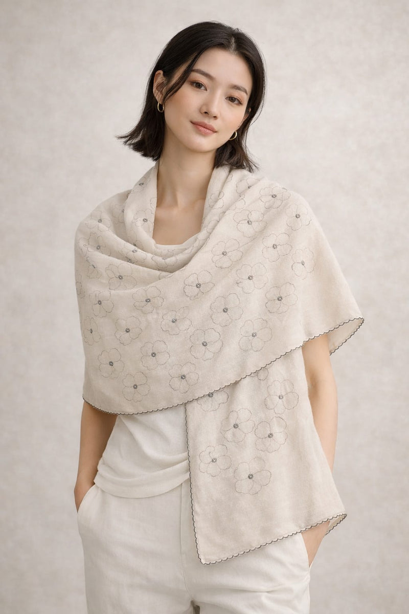 Women's Off White Floral Thread Work Scarf