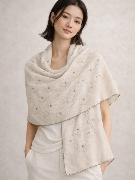 Women's Off White Floral Thread Work Scarf