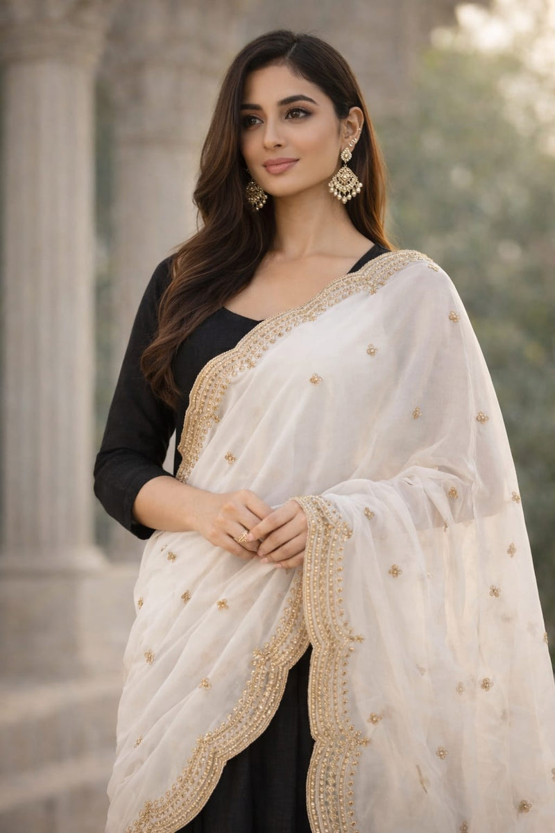 White Organza Dupatta with Golden Lace Border