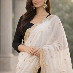 White Organza Dupatta with Golden Lace Border