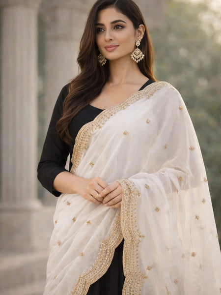 White Organza Dupatta with Golden Lace Border