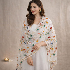 White Cotton Floral Embroidered Dupatta for Women
