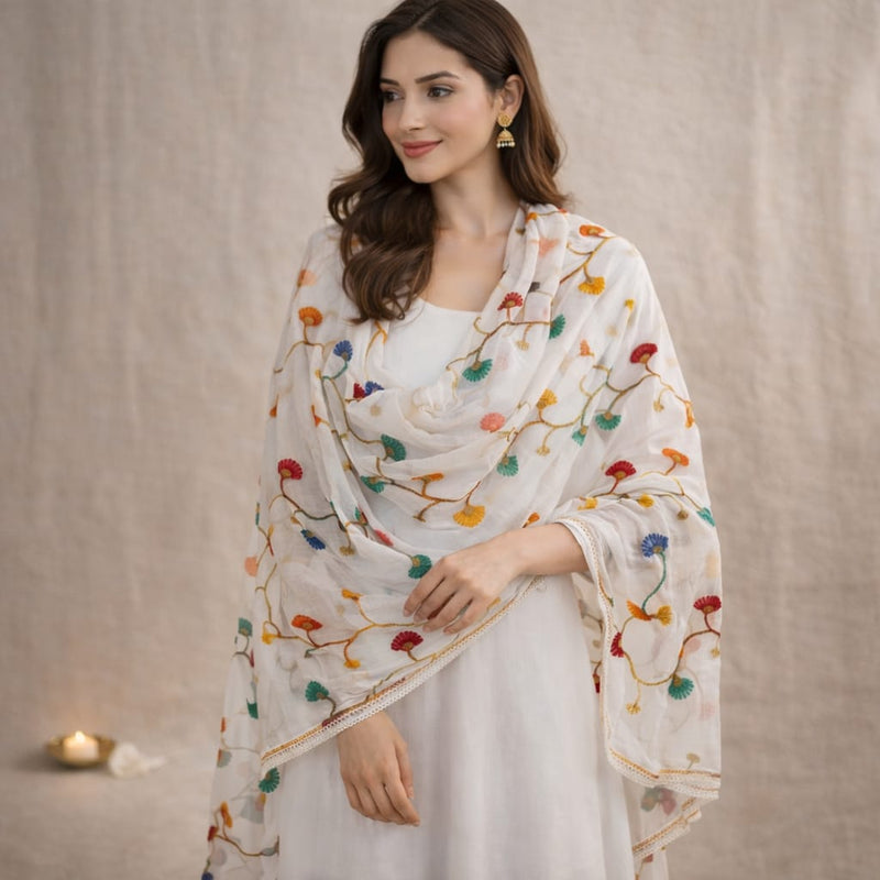 White Cotton Floral Embroidered Dupatta for Women
