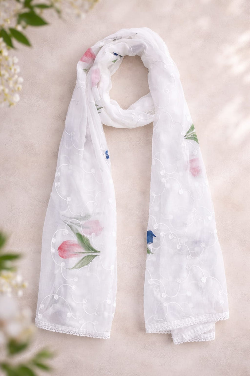 Women's White Chiffon Thread Work Floral Printed Dupatta