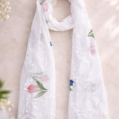 Women's White Chiffon Thread Work Floral Printed Dupatta