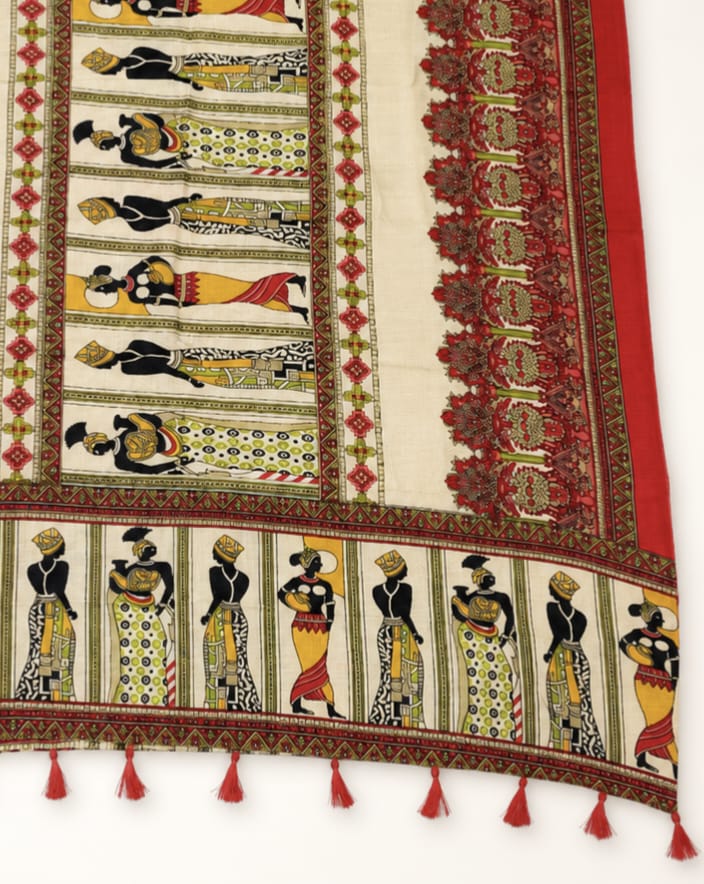 Women's Art Silk Printed Dupatta | Tribal Warli Print Tassel Dupatta