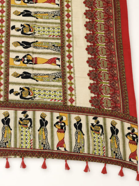 Women's Art Silk Printed Dupatta | Tribal Warli Print Tassel Dupatta
