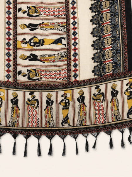 Women's Art Silk Printed Dupatta | Tribal & Warli Print Tassel Dupatta