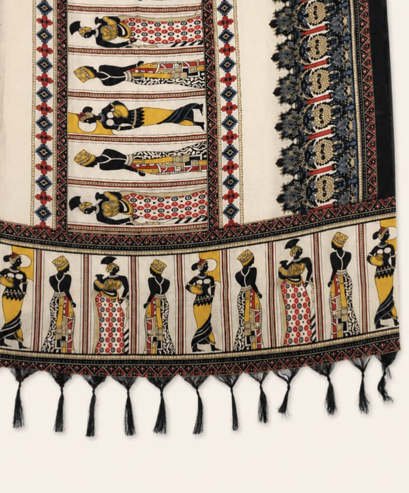 Women's Art Silk Printed Dupatta | Tribal & Warli Print Tassel Dupatta