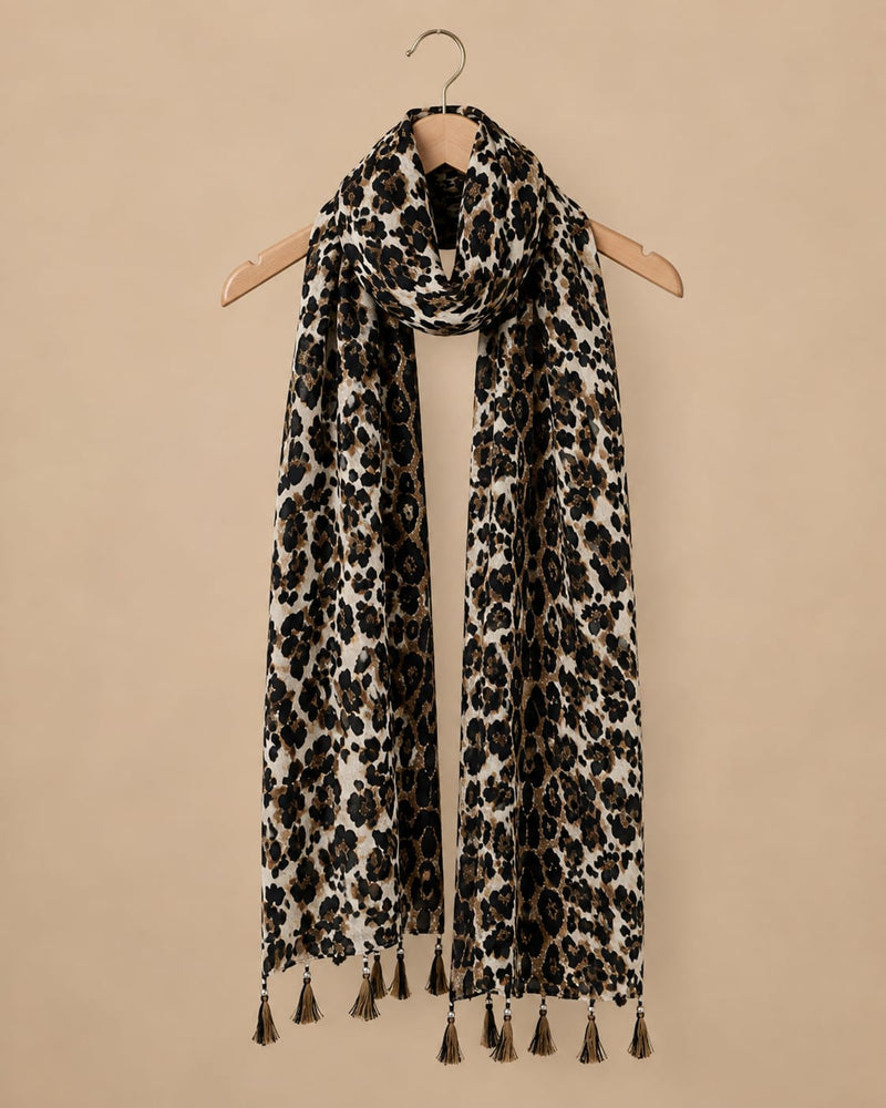 Premium Silk Printed Tassel Scarf for Women | Soft Lightweight Fashion Stole | Brown & Black Animal Print Scarf
