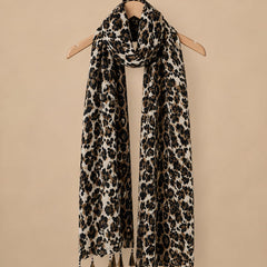 Premium Silk Printed Tassel Scarf for Women | Soft Lightweight Fashion Stole | Brown & Black Animal Print Scarf