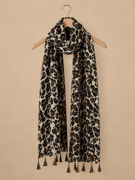 Premium Silk Printed Tassel Scarf for Women | Soft Lightweight Fashion Stole | Brown & Black Animal Print Scarf