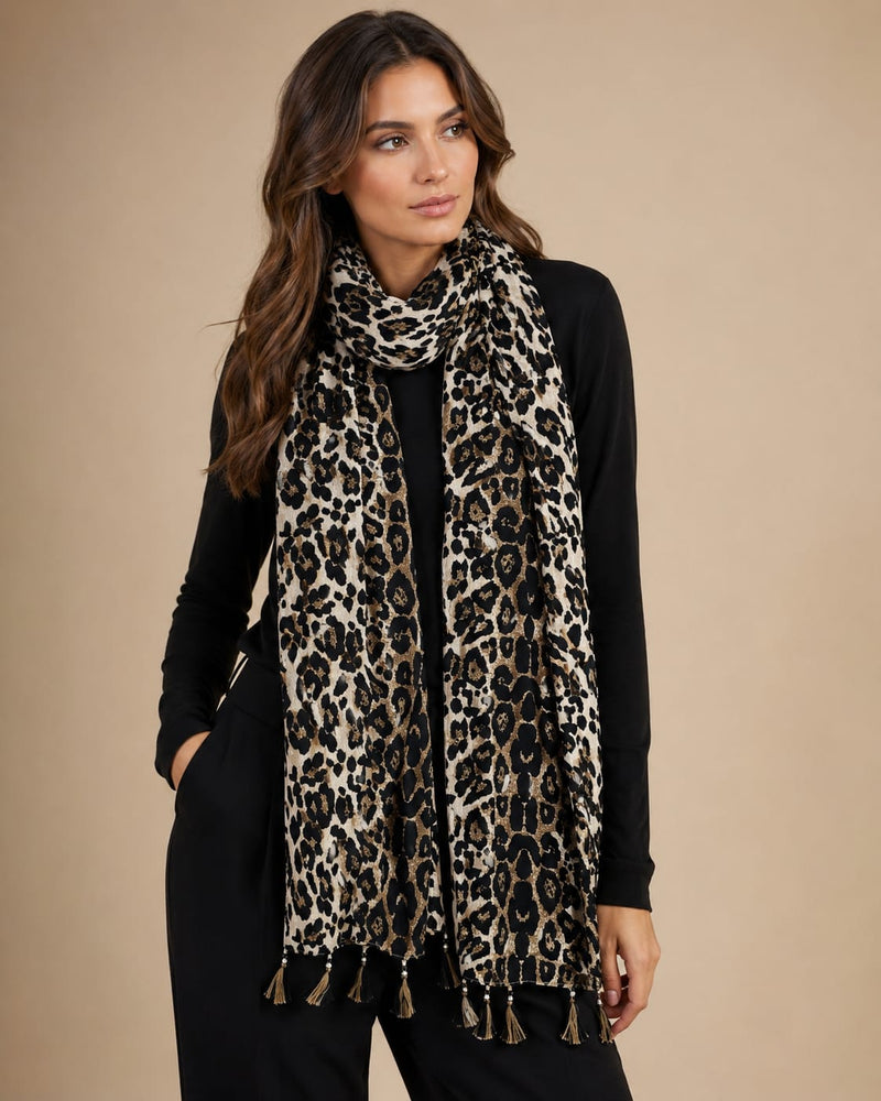 Premium Silk Printed Tassel Scarf for Women | Soft Lightweight Fashion Stole | Brown & Black Animal Print Scarf