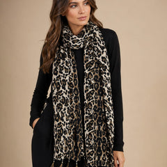 Premium Silk Printed Tassel Scarf for Women | Soft Lightweight Fashion Stole | Brown & Black Animal Print Scarf
