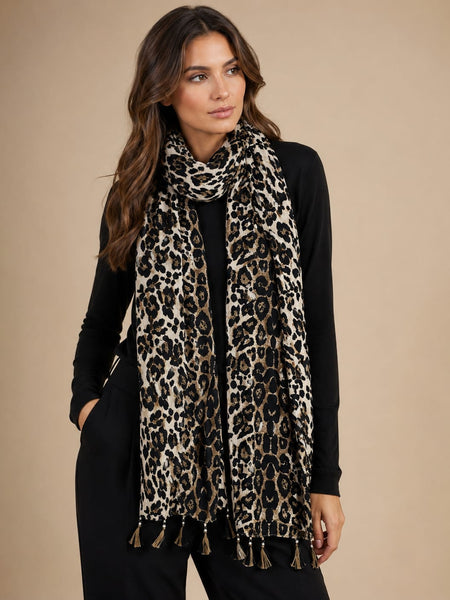 Premium Silk Printed Tassel Scarf for Women | Soft Lightweight Fashion Stole | Brown & Black Animal Print Scarf