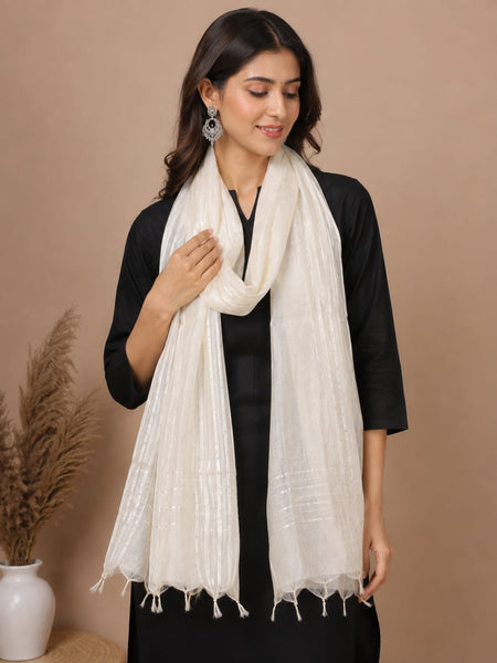 Off White Chanderi Silk Sequence Work Dupatta with Tassels for Women