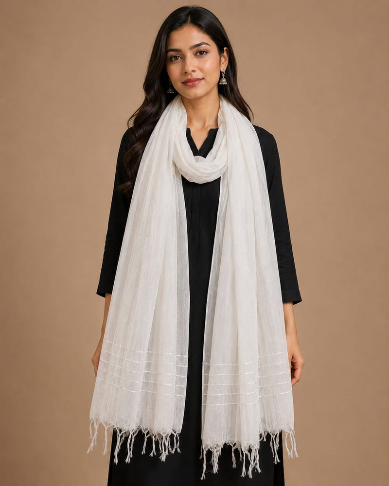 White Chanderi Silk Sequence Work Dupatta with Tassels | Elegant Ethnic Dupatta