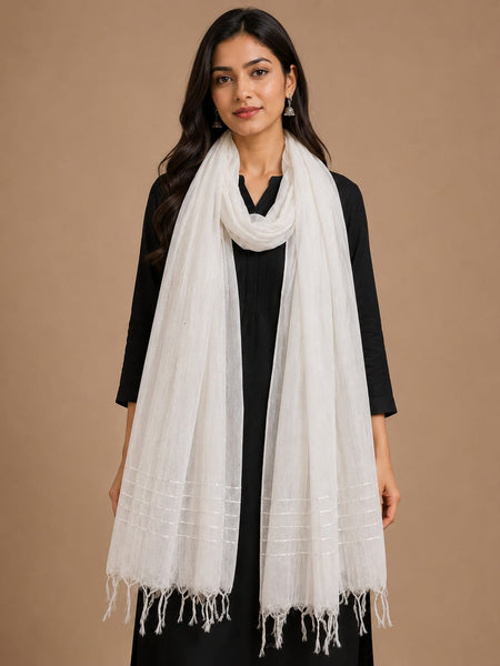 White Chanderi Silk Sequence Work Dupatta with Tassels | Elegant Ethnic Dupatta